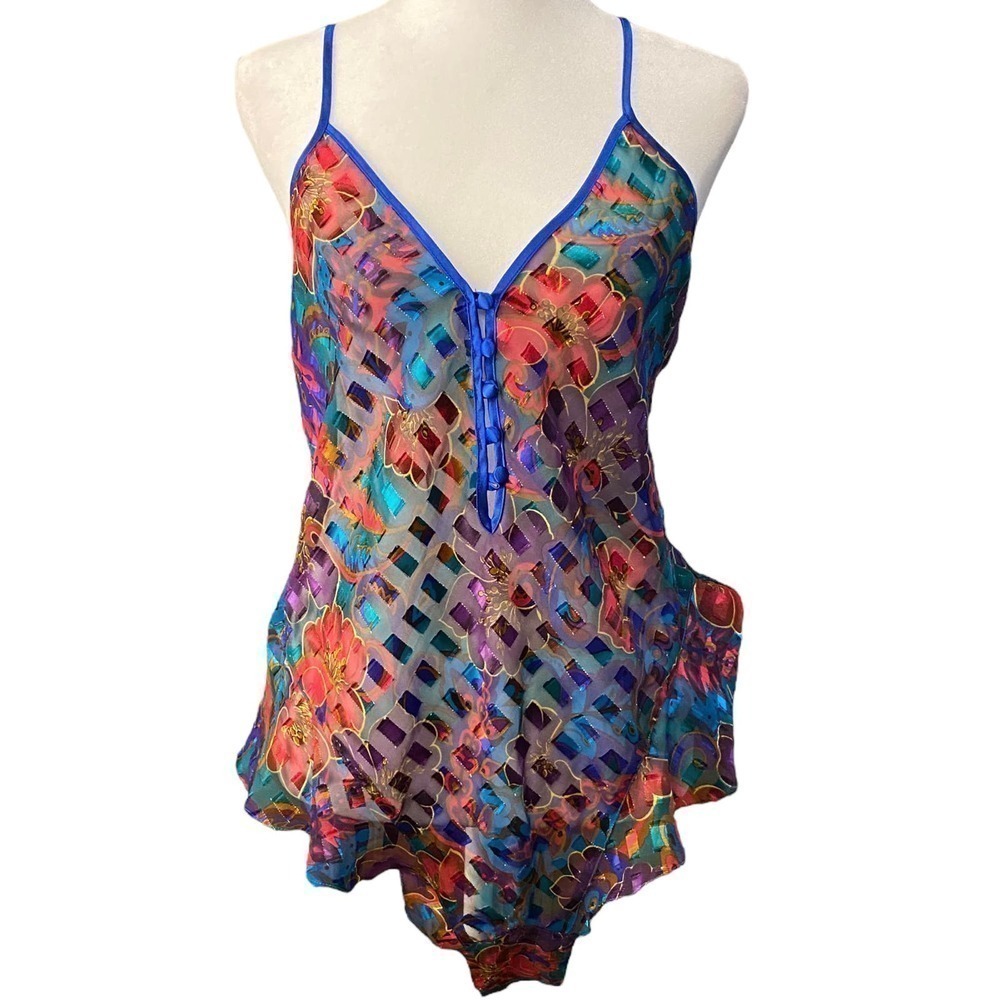 Vintage Victoria's Secret Gold Label Blue Pink Floral Sexy Bodysuit Size Medium